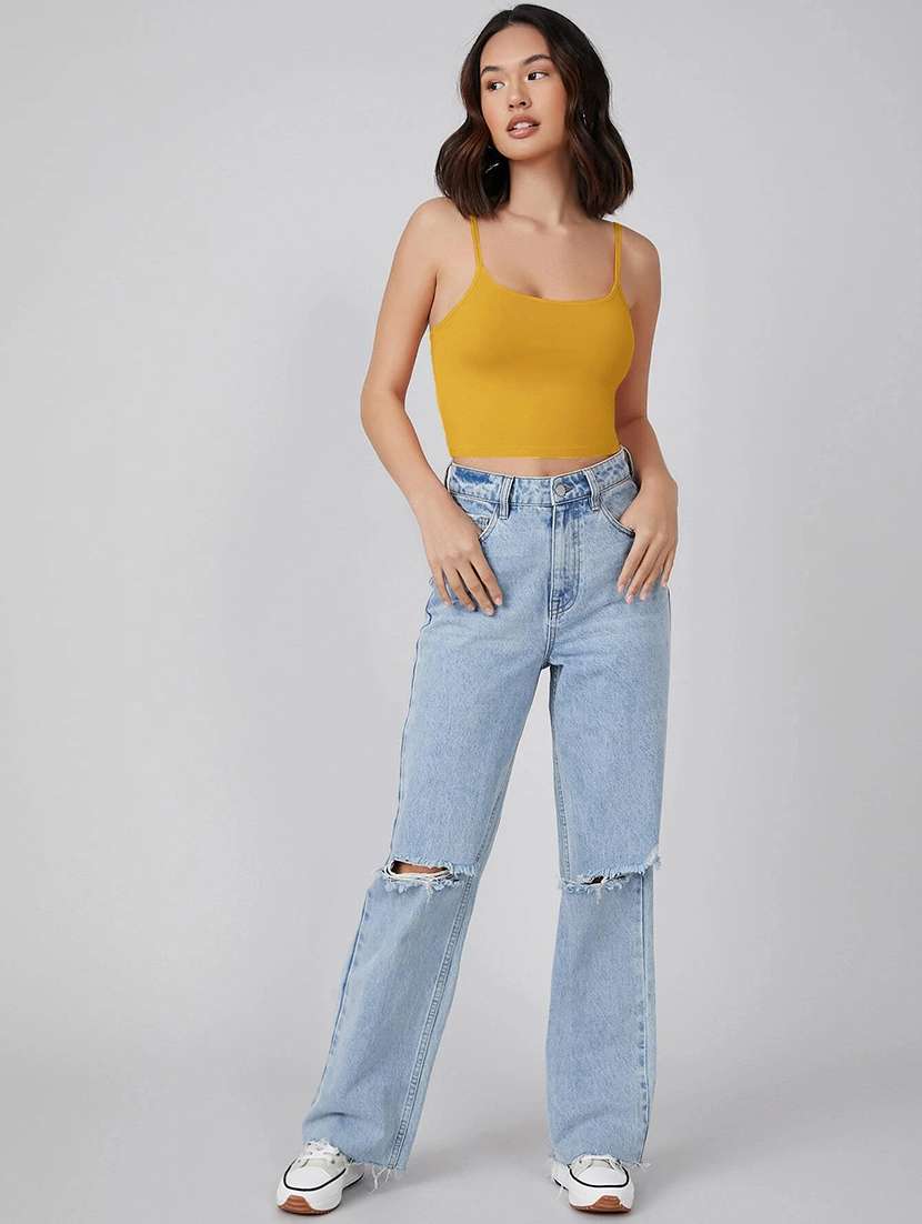 yellow solid shoulder strap regular fit crop top - 20149601 -  Standard Image - 3
