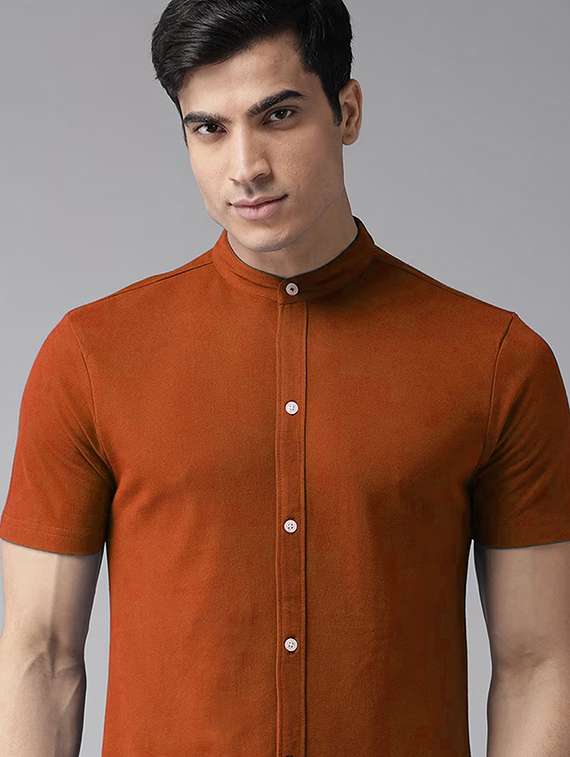rust solid mandarin neck regular fit t-shirt - 20149977 -  Standard Image - 3