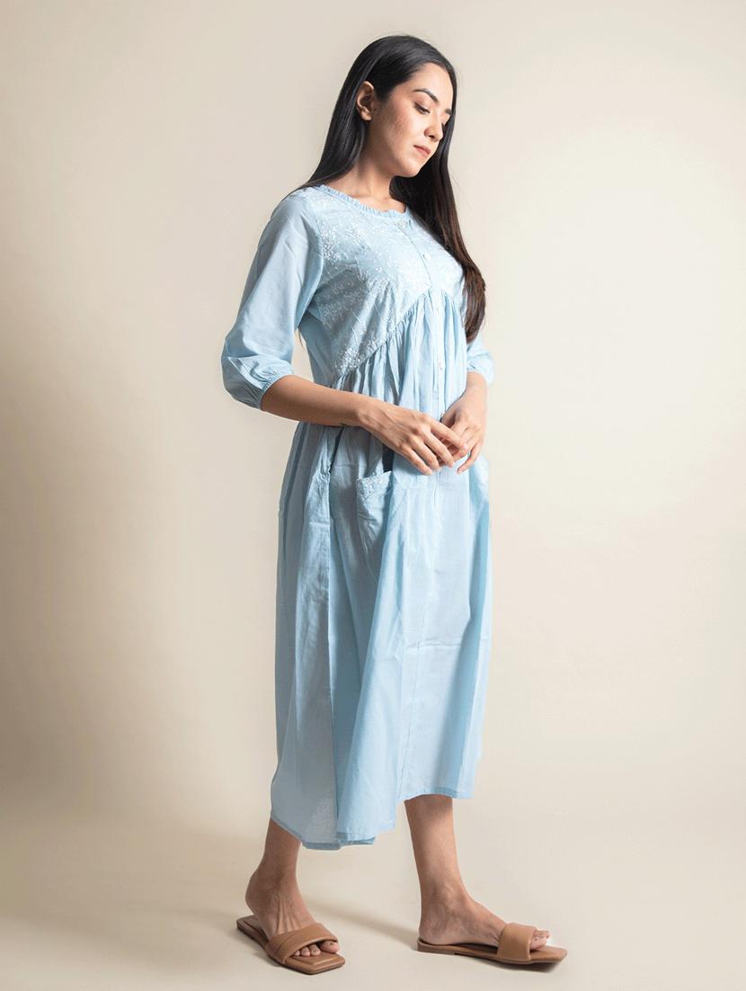 blue solids a-line ethnic dress - 20150598 - Standard Image - 3