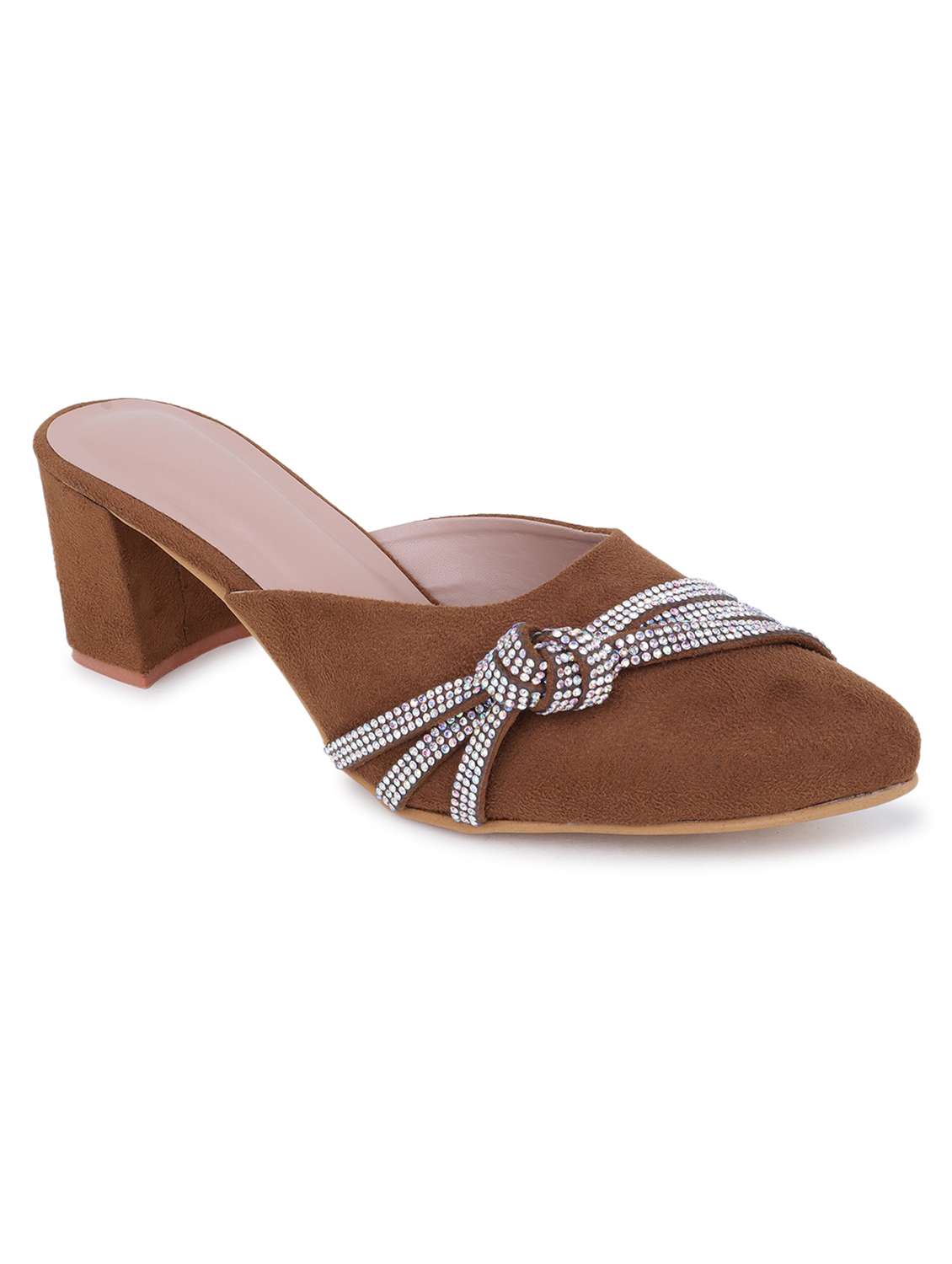 brown embellished solid mules block heel sandal - 20151669 -  Standard Image - 3
