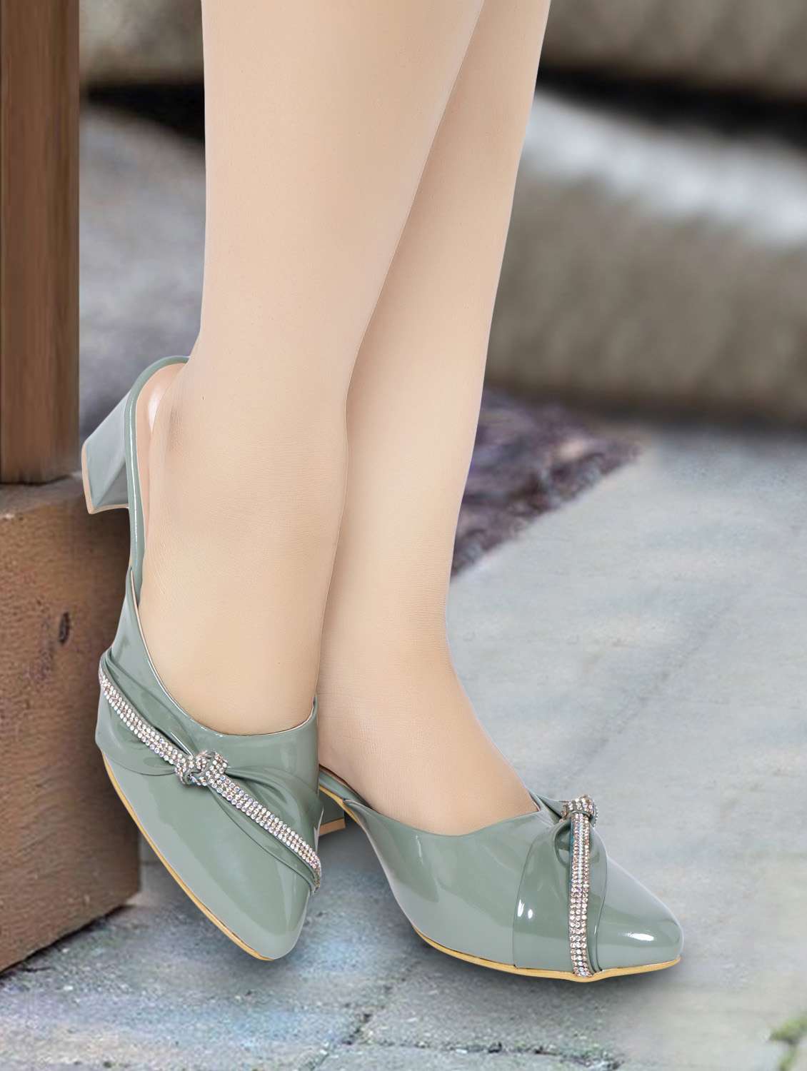 green solid mules block heel sandal