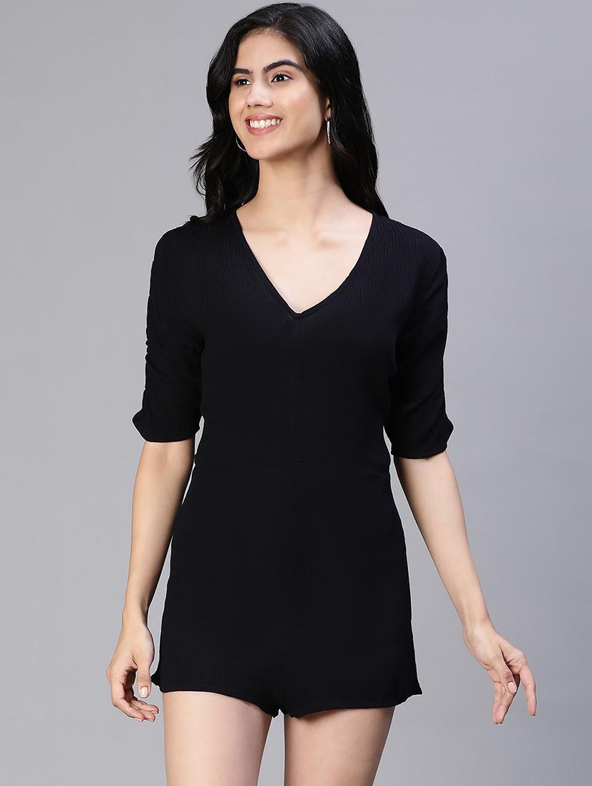 black solid short sleeves romper - 20152470 - Zoom Image - 0