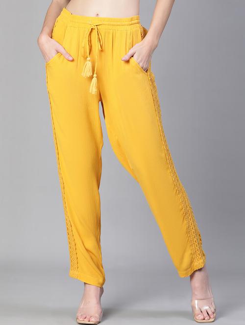 yellow solid flat front lace detailed trouser - 20152488 - Standard Image - 0