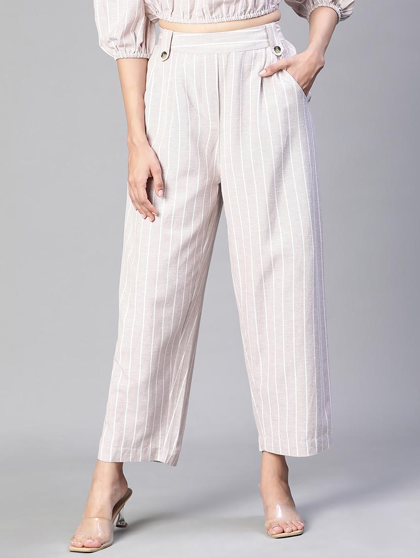 beige striped printed flat front trouser - 20152502 -  Zoom Image - 0