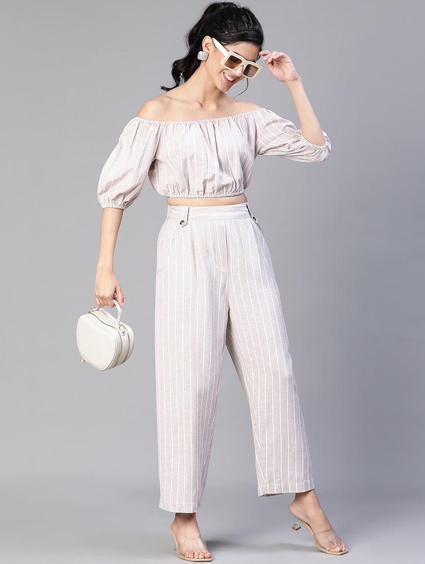 beige striped printed flat front trouser - 20152502 - Standard Image - 3