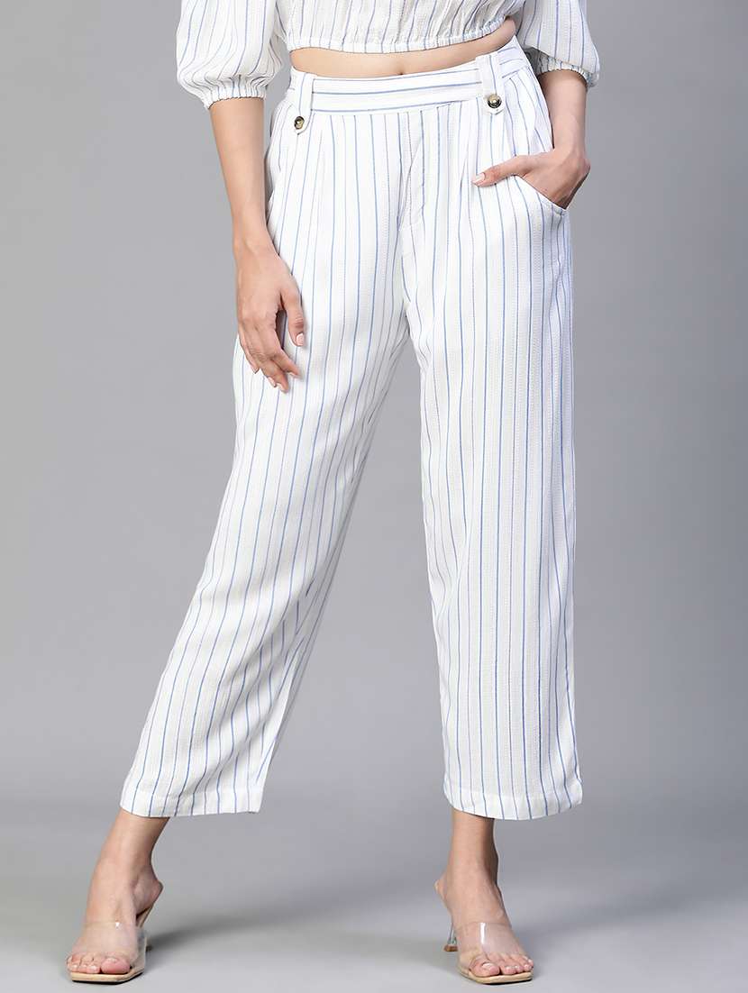 white striped printed flat front trouser
