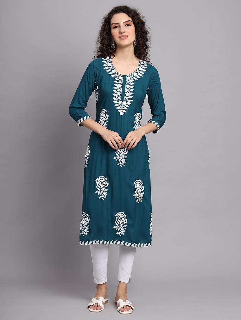 round neck embroidered straight kurta - 20152893 - Zoom Image - 0