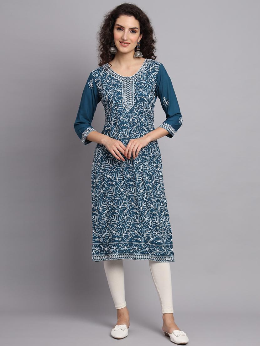 round neck embroidered straight kurta - 20152894 - Zoom Image - 0