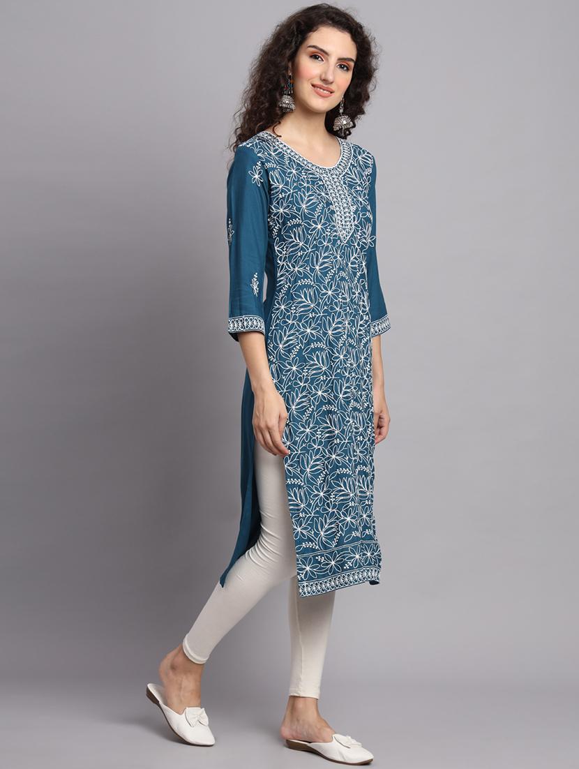 round neck embroidered straight kurta - 20152894 - Standard Image - 3