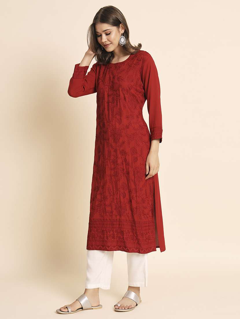 women round neck tonal embroidered straight kurta - 20152902 -  Standard Image - 3
