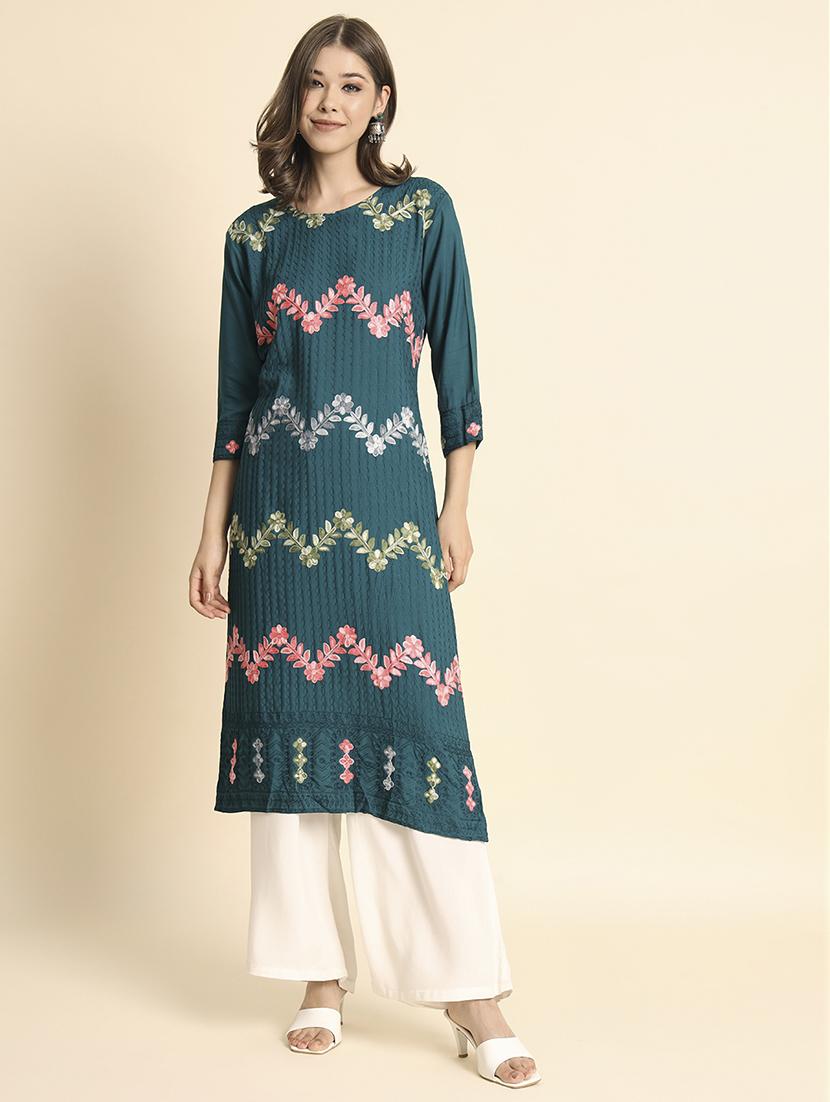 round neck embroidered straight kurta - 20152904 -  Zoom Image - 0