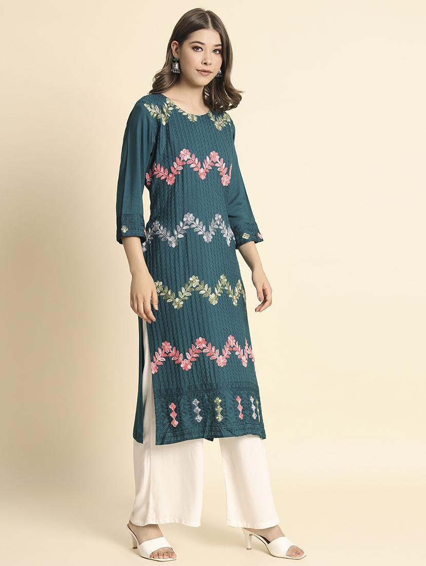 round neck embroidered straight kurta - 20152904 - Standard Image - 3