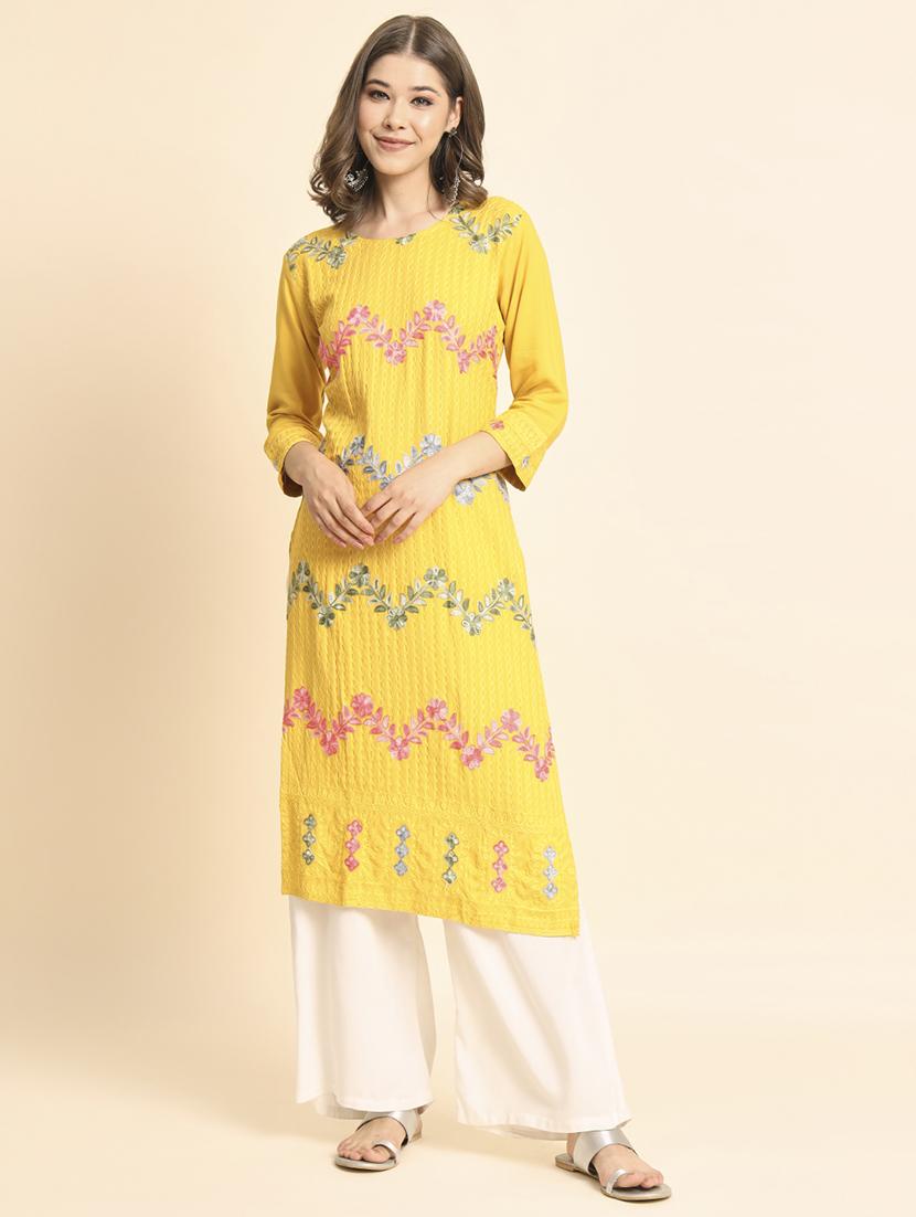 round neck embroidered straight kurta - 20152905 -  Zoom Image - 0