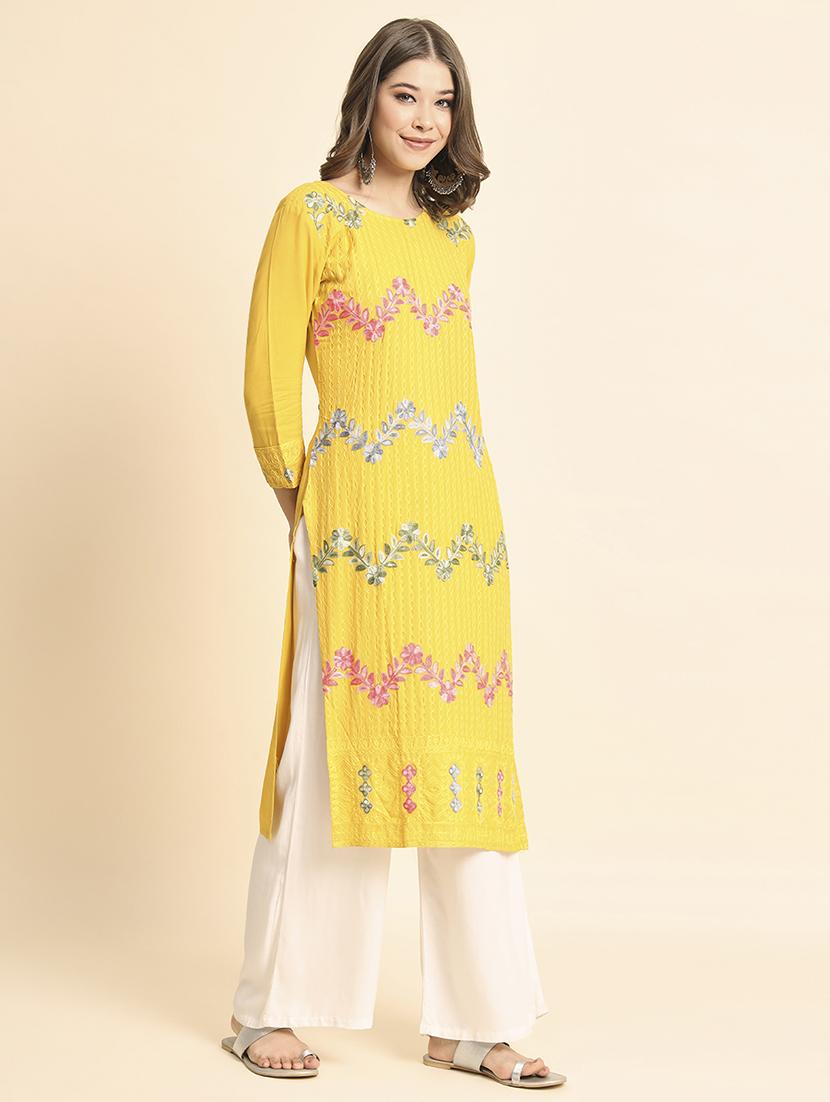 round neck embroidered straight kurta - 20152905 - Standard Image - 3