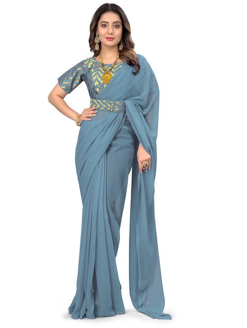 solid plain saree with printed blouse with blouse - 20154078 - Standard Image - 0