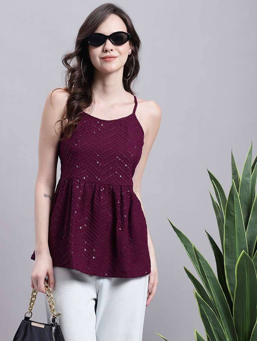 purple embroidered shoulder strap peplum top - 20154857 - Zoom Image - 0