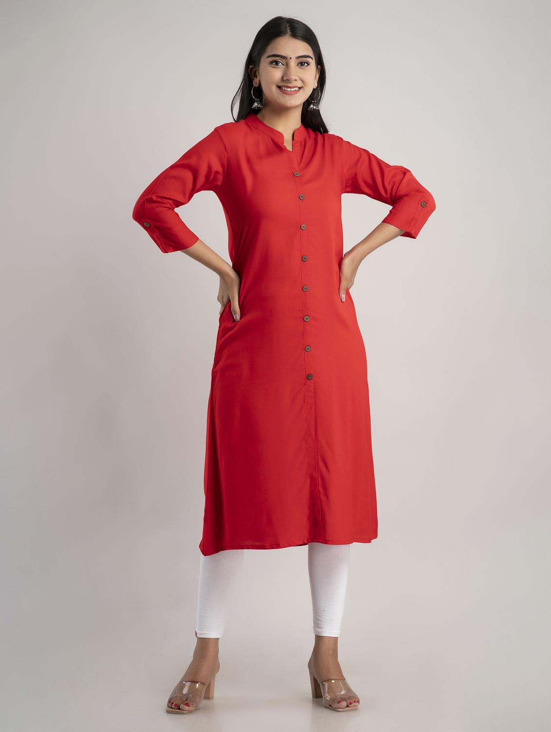 mandarin neck solid a line kurta - 20154959 - Zoom Image - 0