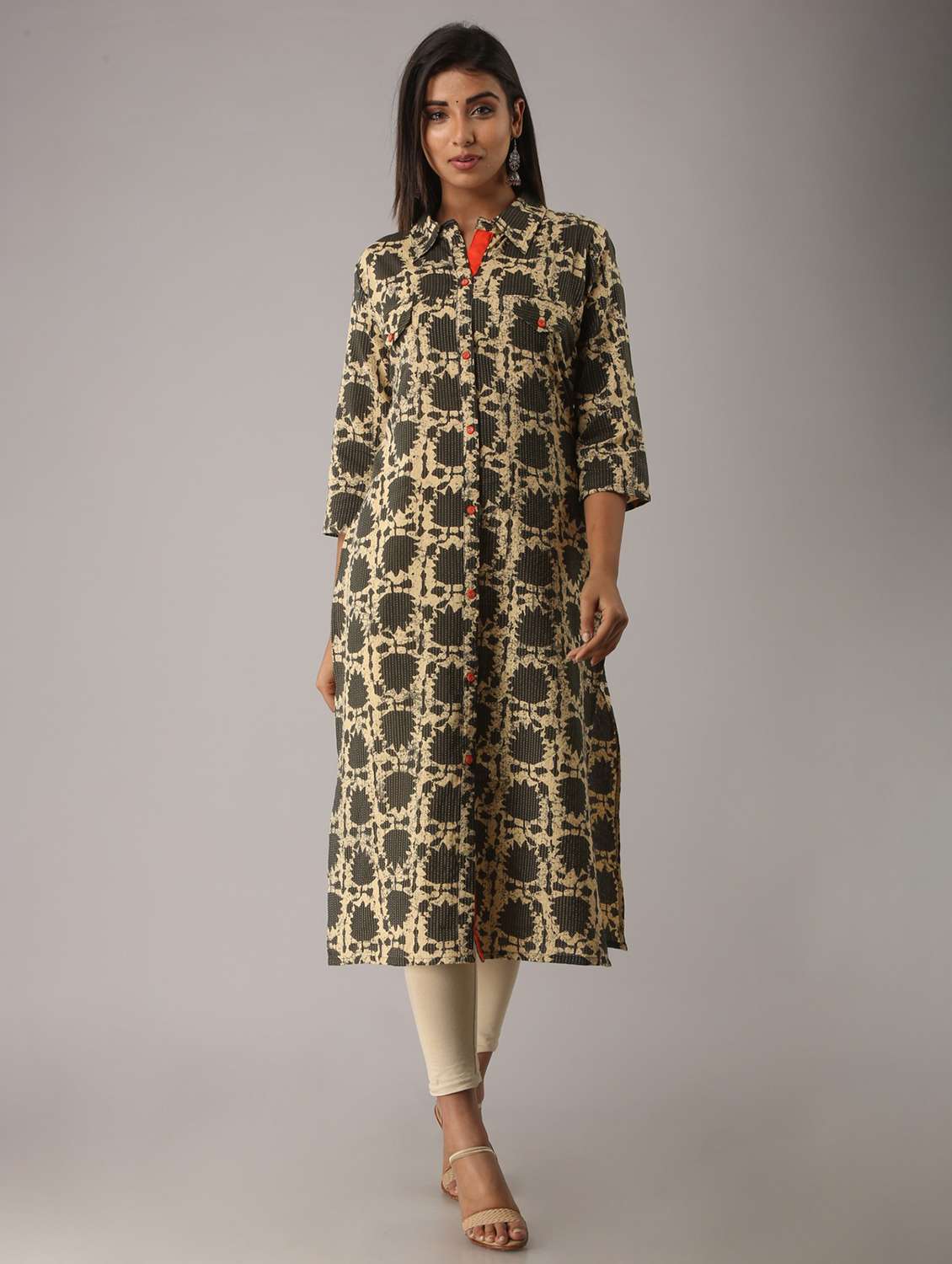 shirt collar printed straight kurta