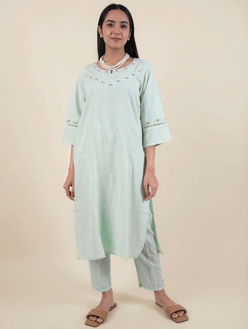 women sea green notch neck kurta pant set