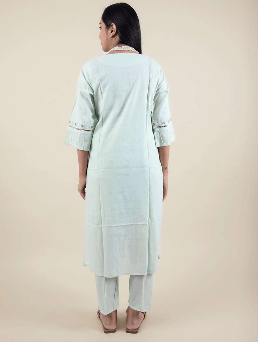 women sea green notch neck kurta pant set - 20155542 - Standard Image - 3