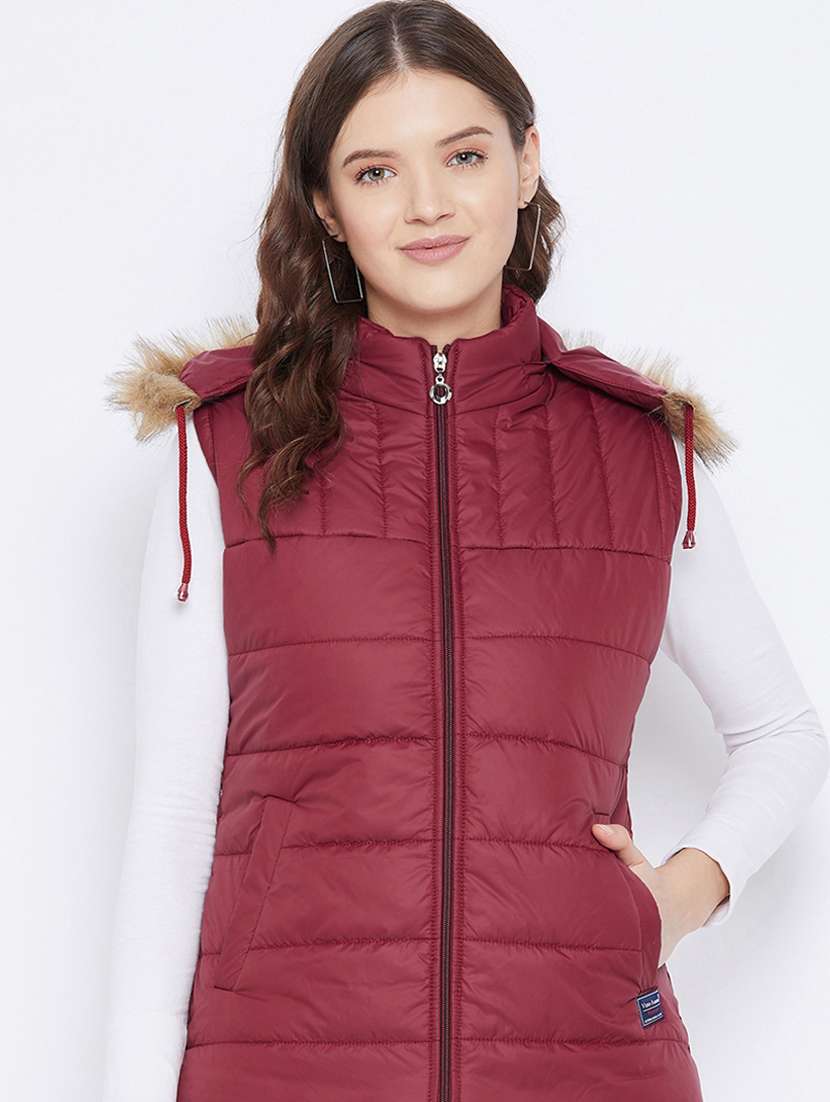 women fur hood solid quilted jacket 