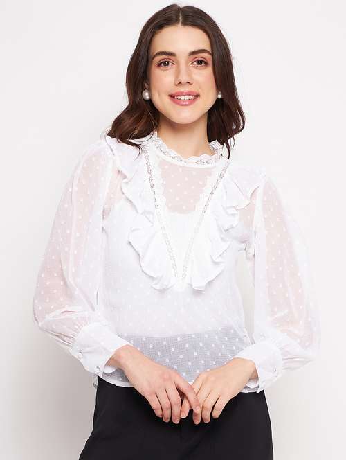 women's ruffle scalloped neck top - 20156428 -  Standard Image - 0
