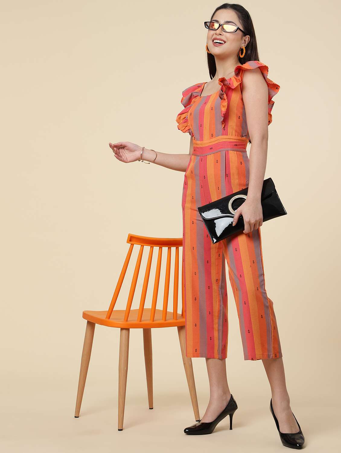 Orange Striped Sleeveless Full Length Jumpsuit