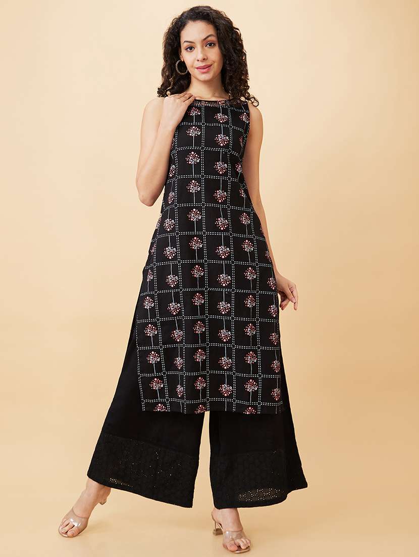globus women black opaque schiffli hem design wide leg ethnic palazzos - 20158099 -  Standard Image - 3