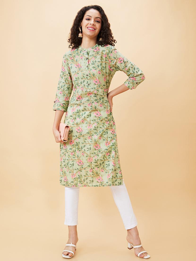 globus women green floral print mandarin neck straight calf length kurta - 20158123 -  Zoom Image - 0