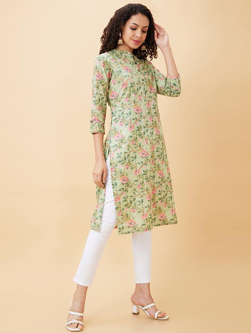 globus women green floral print mandarin neck straight calf length kurta - 20158123 - Standard Image - 3