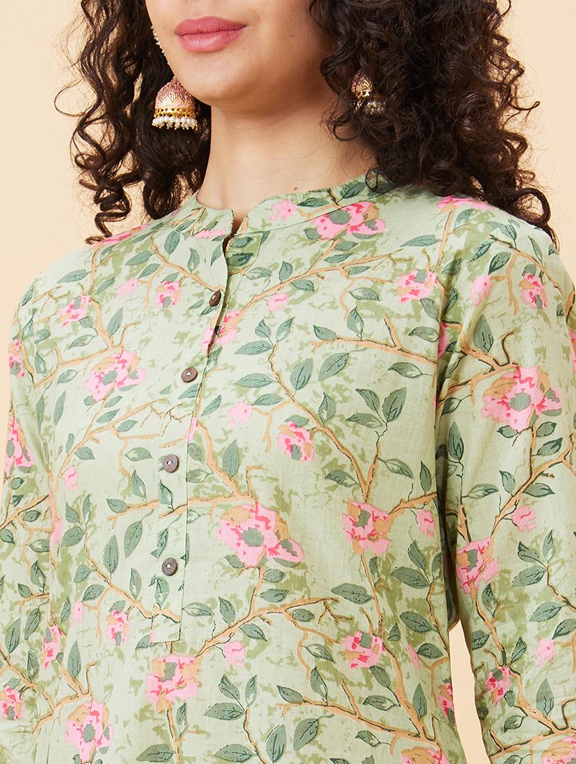 globus women green floral print mandarin neck straight calf length kurta - 20158123 - Standard Image - 5