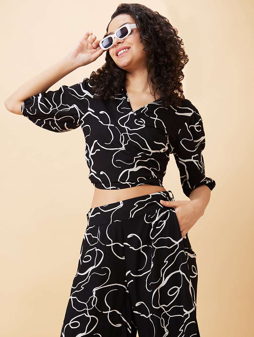 globus women black abstract print wrap tie-back crop top & flared palazzos co-ord set - 20158124 -  Standard Image - 3