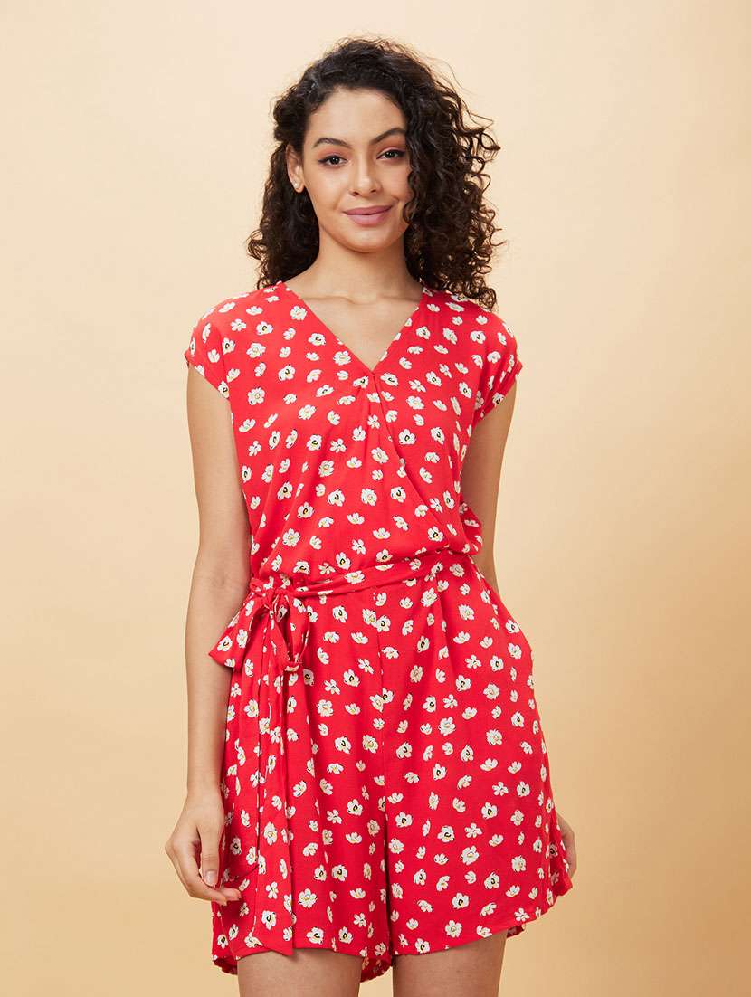 red printed v neck romper - 20158134 - Zoom Image - 0