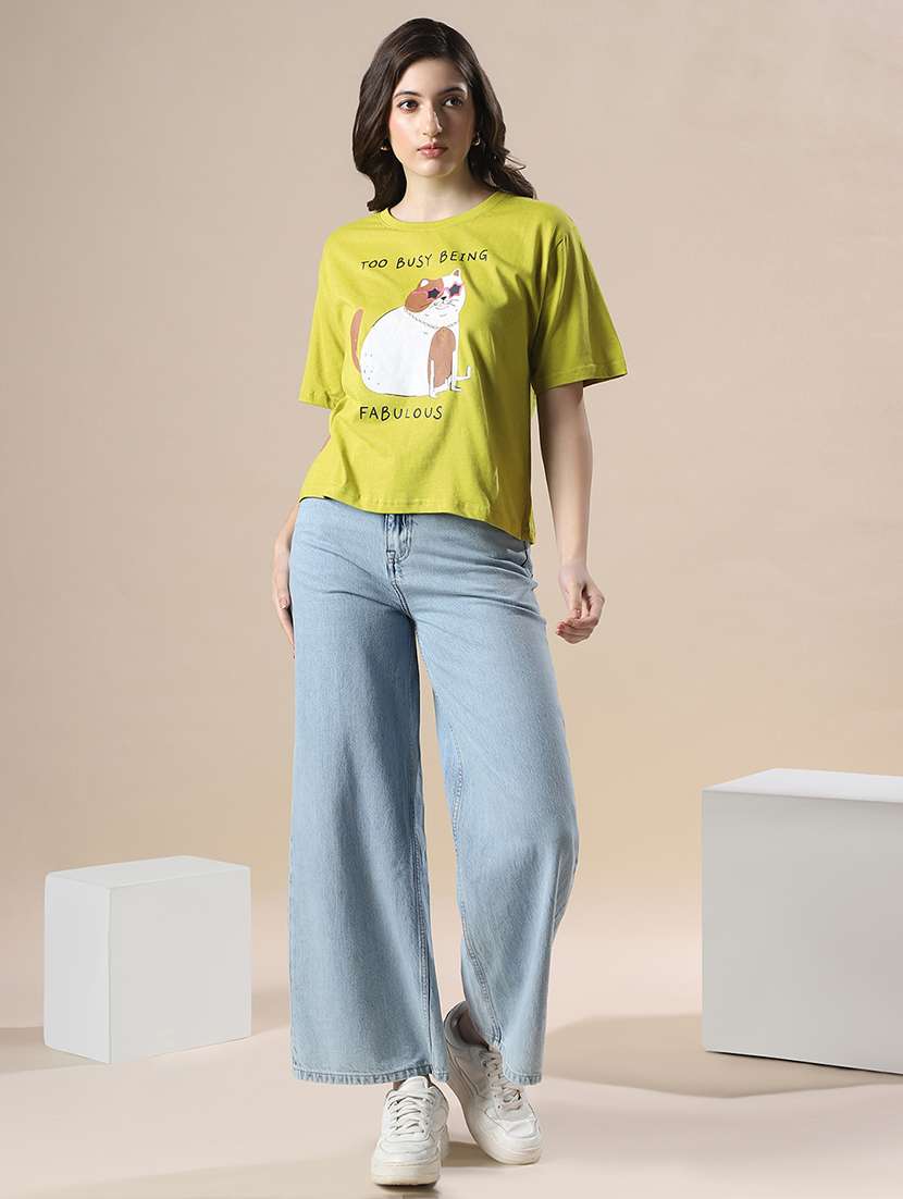 globus women green drop shoulder graphic printed oversized trendy crop t-shirt - 20158136 -  Standard Image - 3