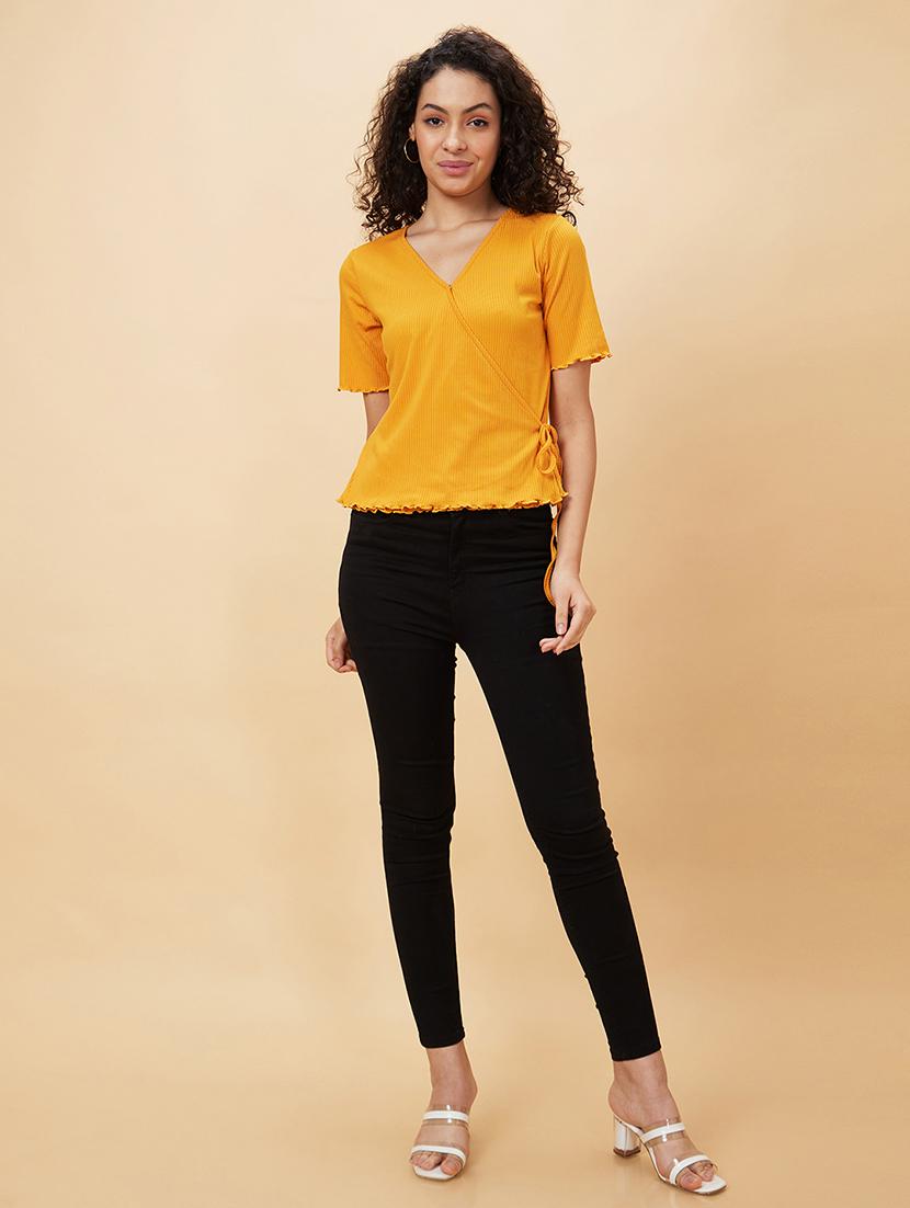 women yellow cotton wrap top - 20158140 - Standard Image - 3