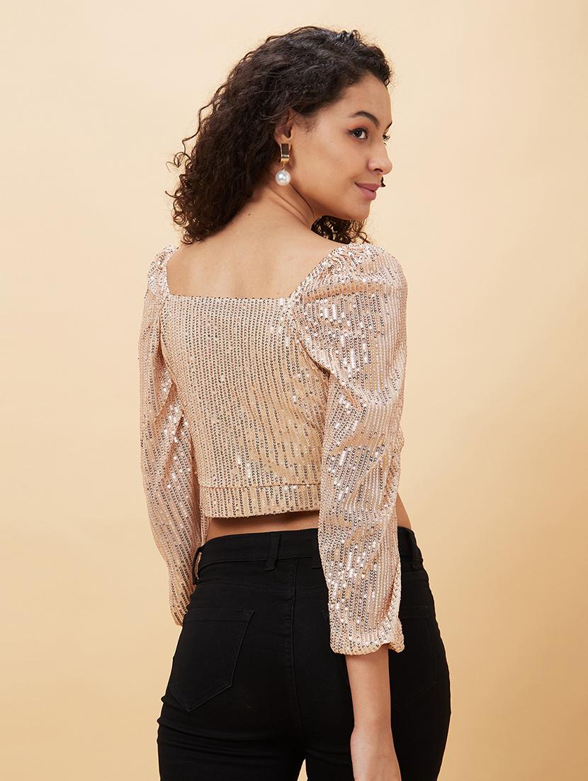 globus women beige wrap neck sequinned party crop top - 20158160 - Standard Image - 3