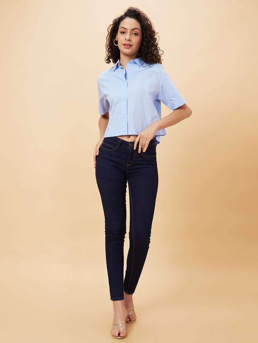 women light blue cotton regular top - 20158167 - Standard Image - 3