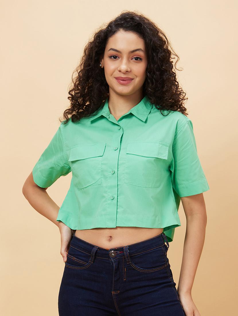 women sea green cotton crop top - 20158169 - Zoom Image - 0