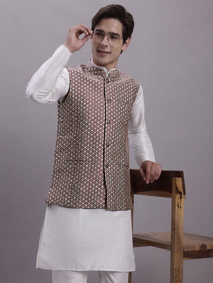 men's self design silk kurta pyjama with jacket  - 20158227 -  Zoom Image - 0