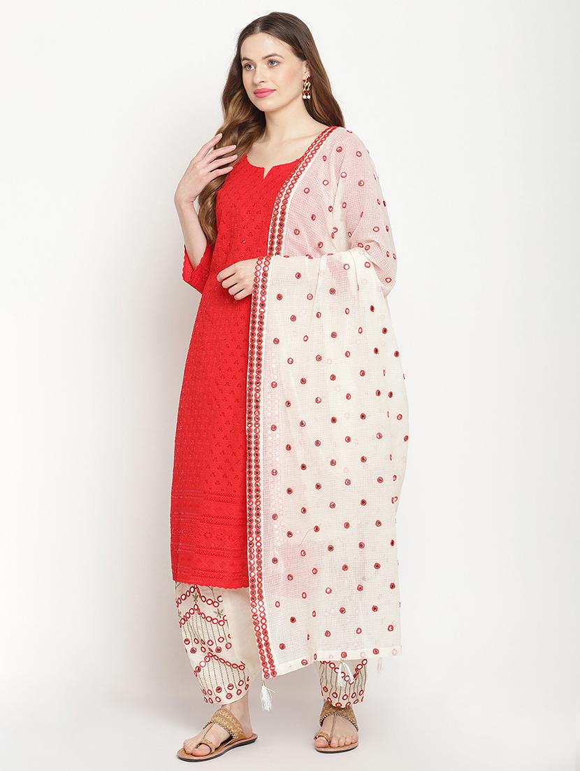 red notch neck embroidered kurta salwar set - 20158280 - Zoom Image - 0