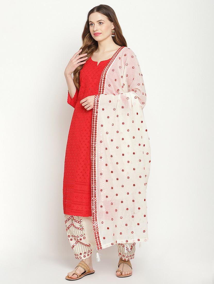 red notch neck embroidered kurta salwar set - 20158368 - Zoom Image - 0