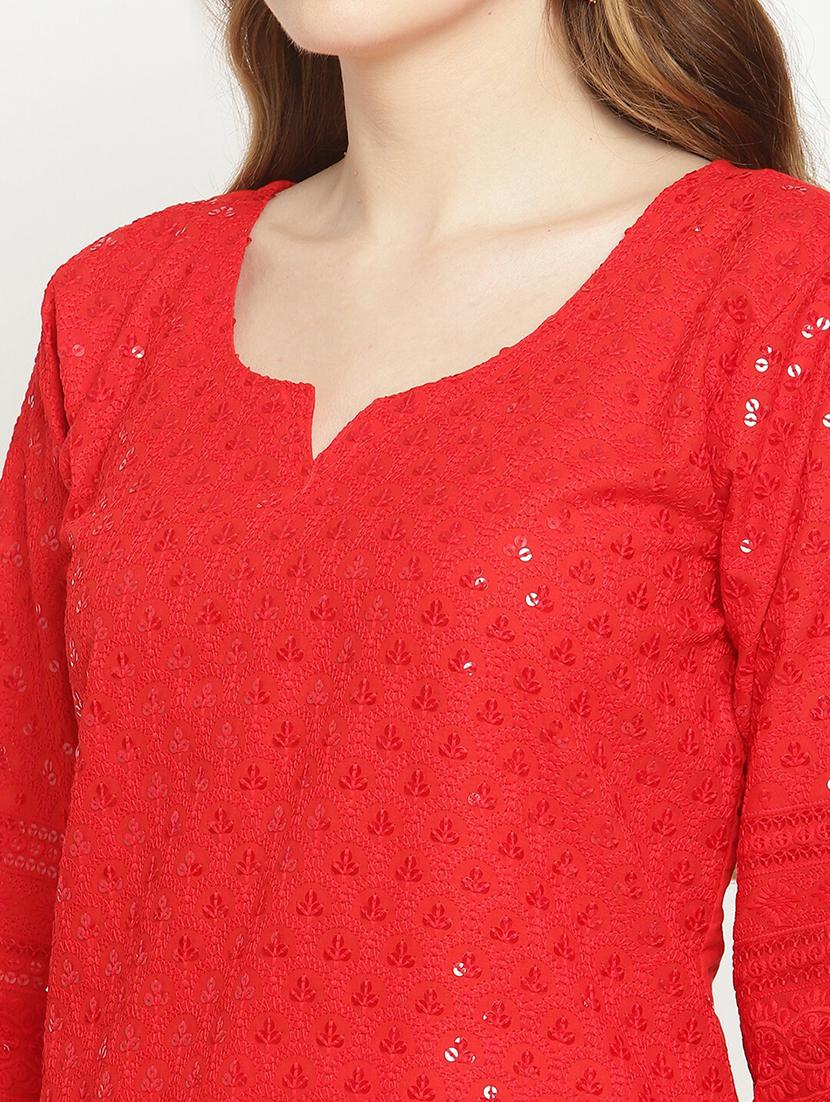 red notch neck embroidered kurta salwar set - 20158368 - Standard Image - 3