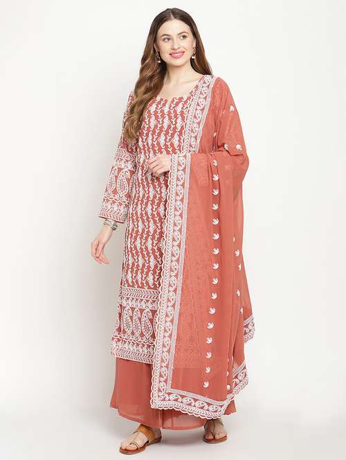 orange embroidered notch neck suit set - 20158390 - Standard Image - 0