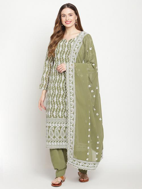 olive embroidered notch neck suit set - 20158399 - Standard Image - 0
