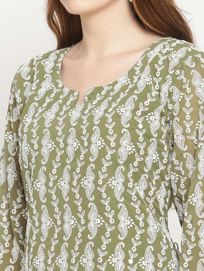 olive embroidered notch neck suit set - 20158399 - Standard Image - 3