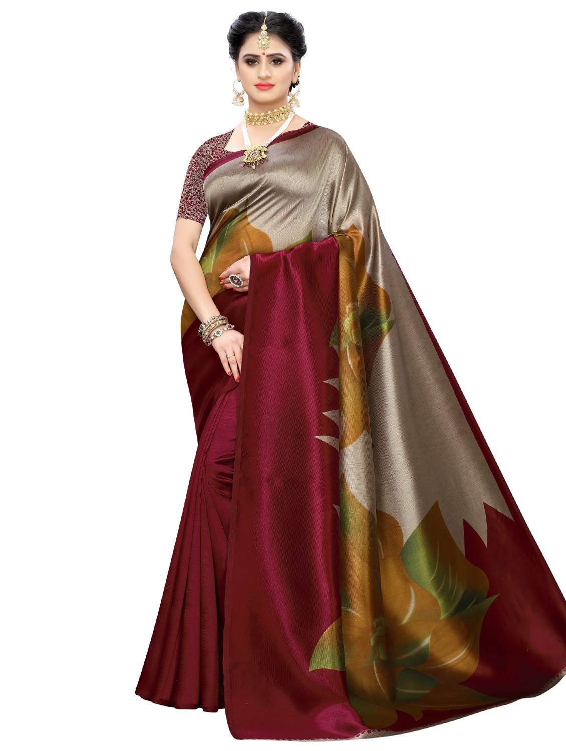 women's floral brown colored saree with blouse
