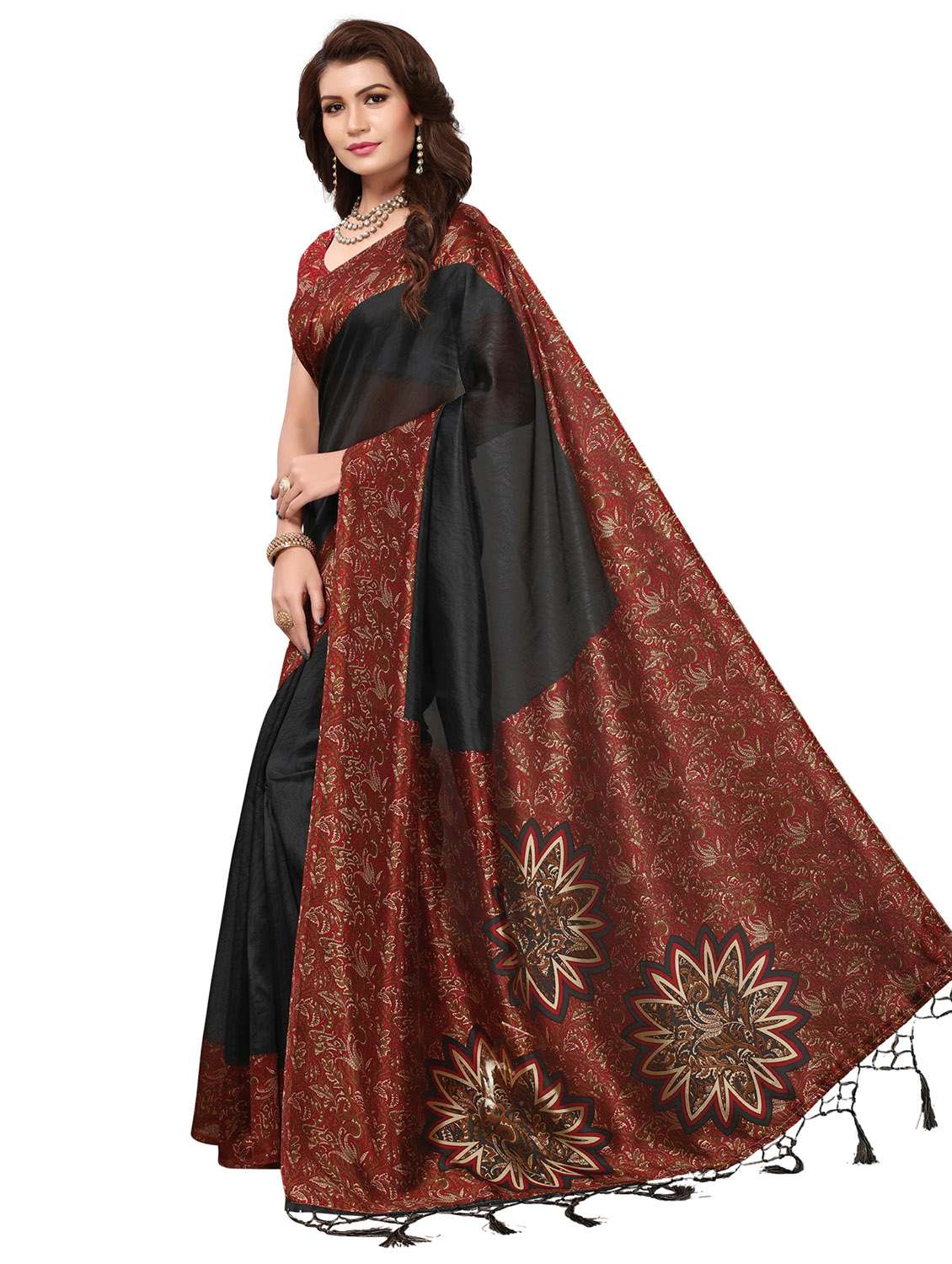 women's bordered black colored saree with blouse
