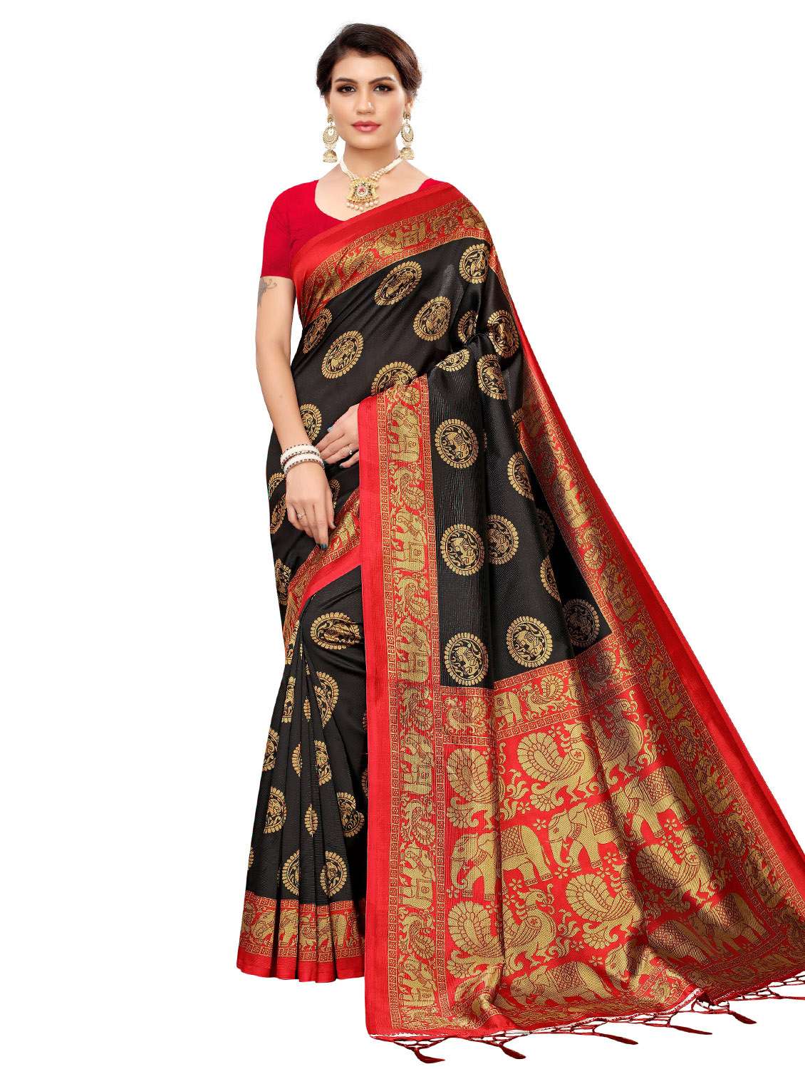 women's kalamkari black colored saree with blouse
