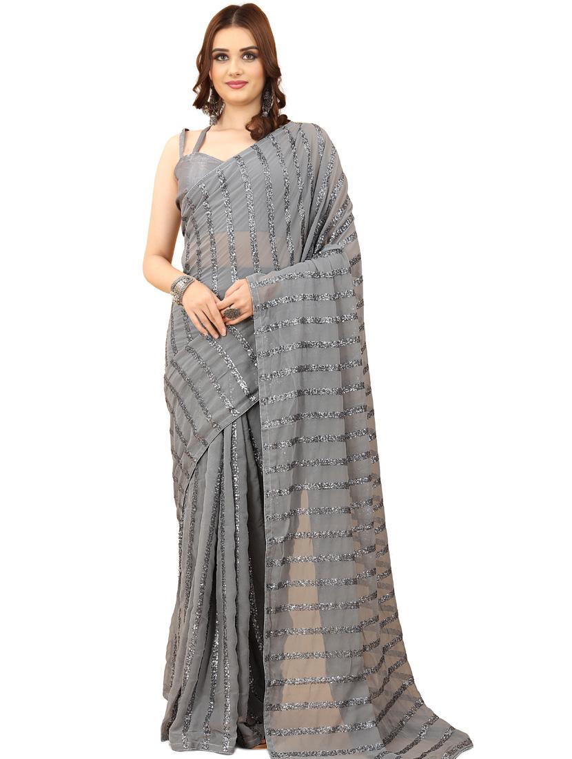 grey sequin work georgette saree with blouse - 20162403 - Zoom Image - 0
