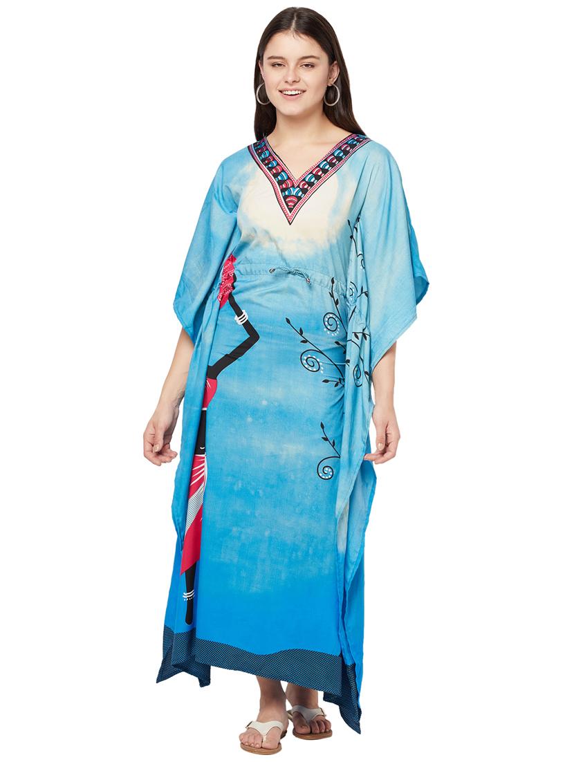 light blue printed v neck kaftan maxi dress - 20162446 - Zoom Image - 0